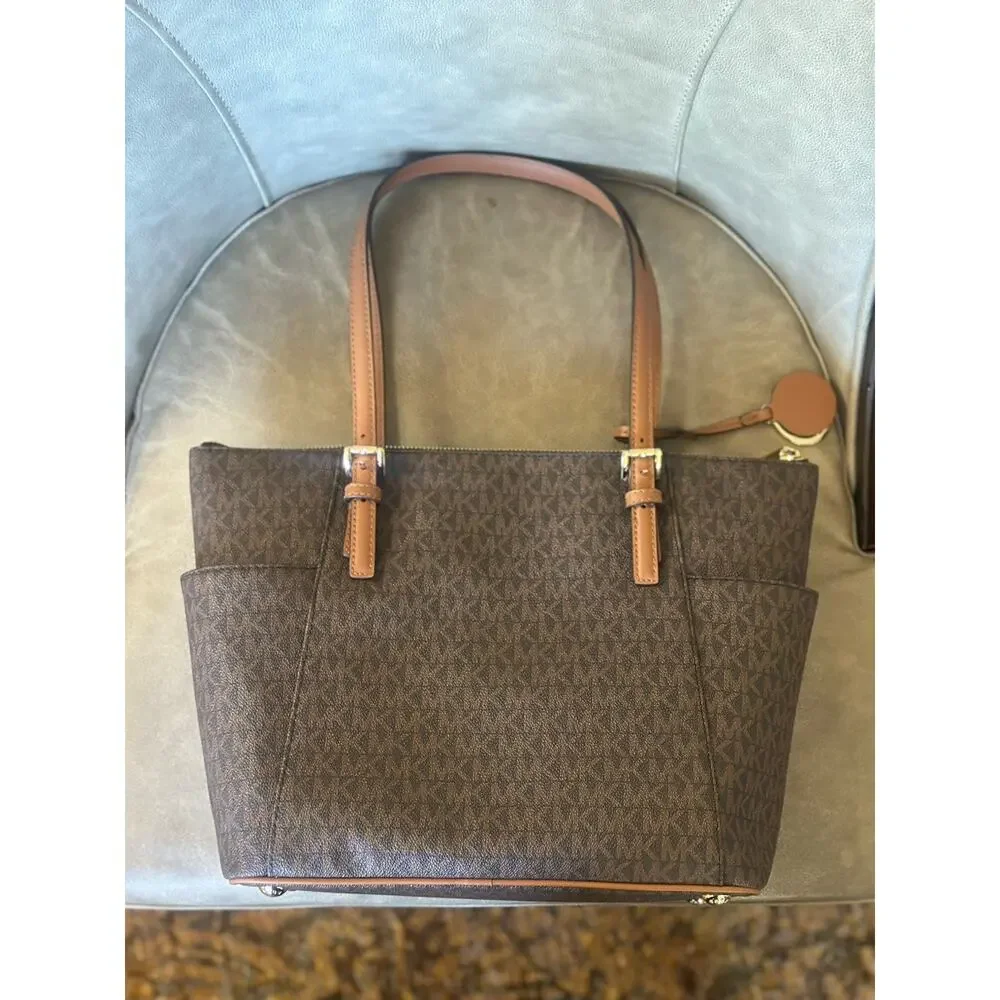 Michael Kors Jet Set Large East‑West Tote Brown MK Logo Canvas Leather Straps